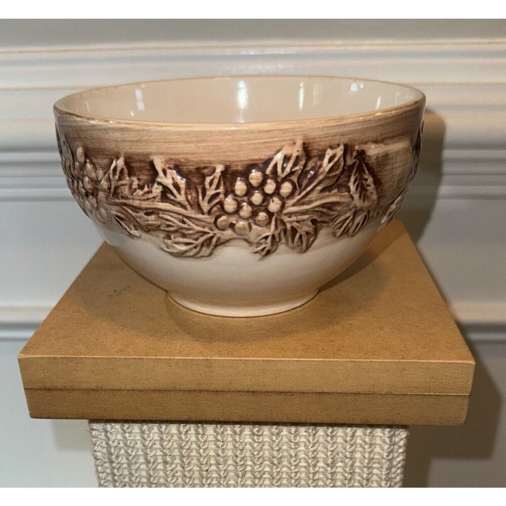 Euro Ceramica Vineyard 6" Soup Bowl Tuscan Embossed Grapes & Leaves On Beige